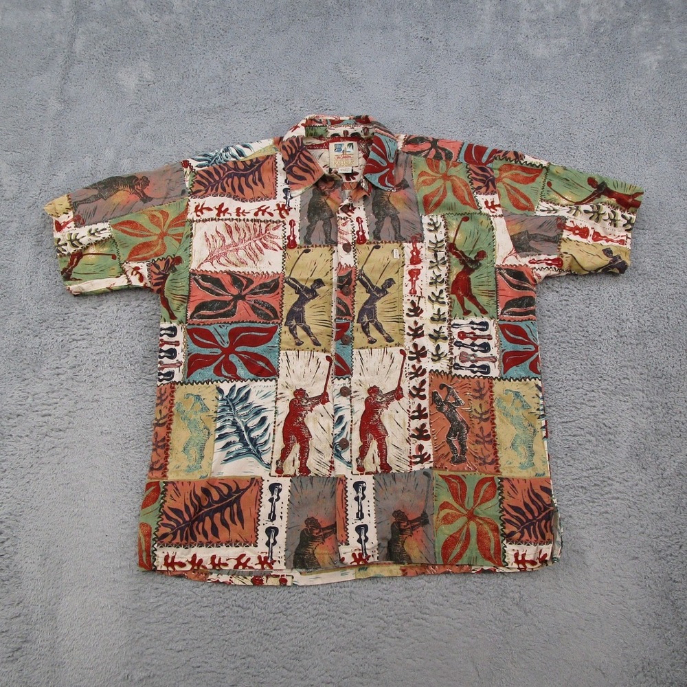 John Severson Kahala Mens Medium Golf Tropical Patchwork Rayon Linen Shirt HI
